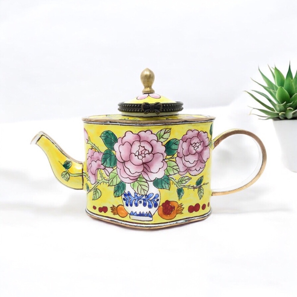 2005 Kelvin Chen Miniature Enamel Copper Decorative Teapot Pink Peonies